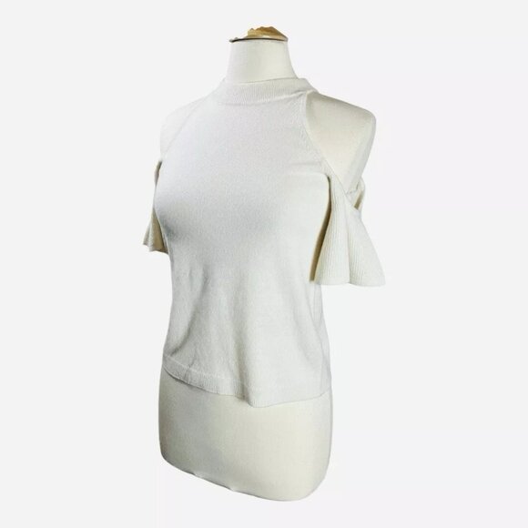 Sea Bleu Cashmere Sweater S Cold Shoulder Ruffle Short Sleeve Ivory High Neck - Picture 1 of 7